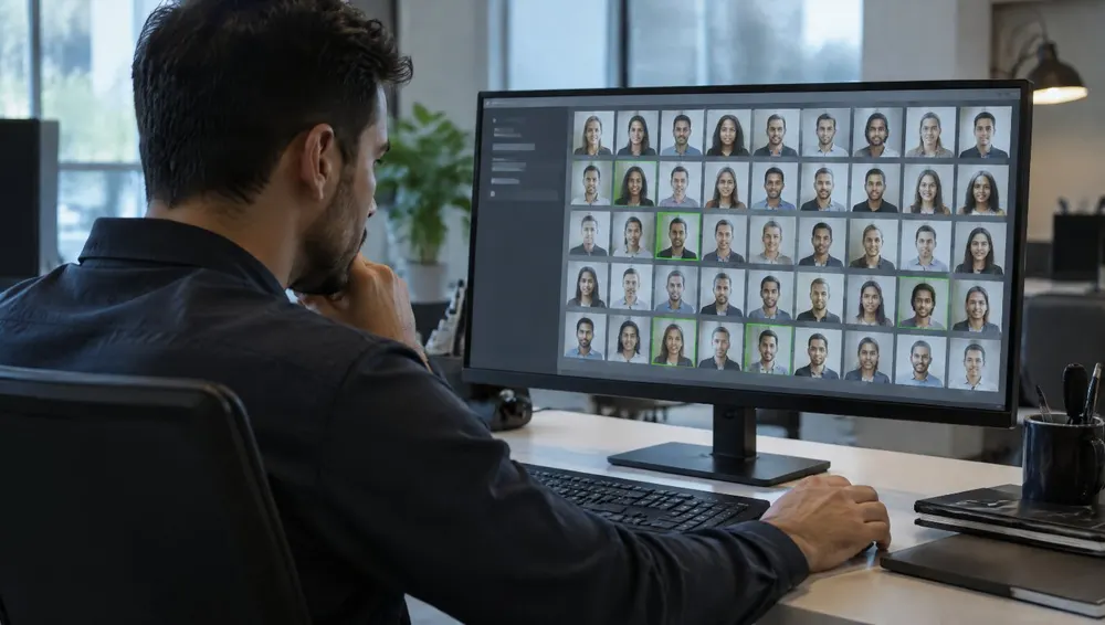 Analista revisando uma grade de rostos de alunos no monitor