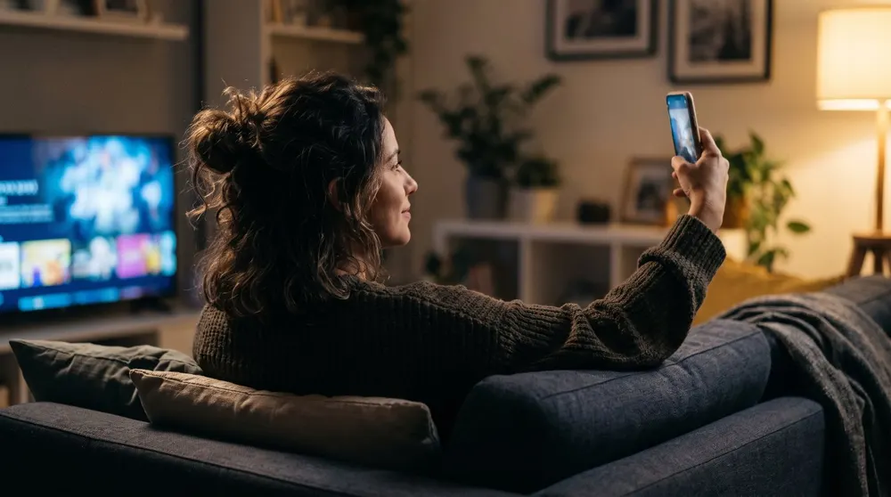Mulher no sofá confirmando a idade pelo celular antes de assistir a um conteúdo