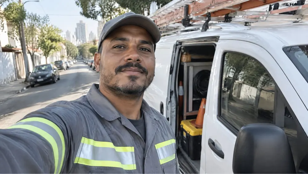 Técnico em campo registrando o ponto com uma selfie ao lado da van