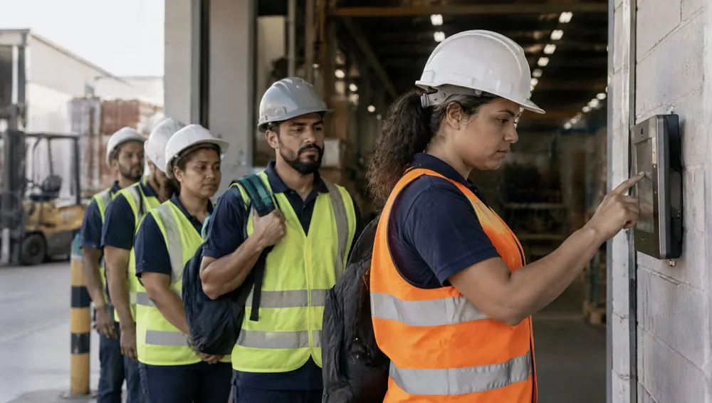 Colaboradores registrando o ponto no tablet da entrada de um galpão